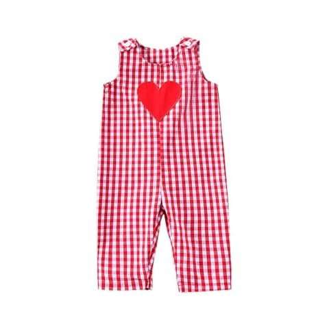 Thilsidee Toddler Baby Boys Girls Valentines Day Outfit Heart Overalls Romper Plaid One Piece Strap Jumpsuit Holiday Clothes (A-Red, 12-18 Months) Cover