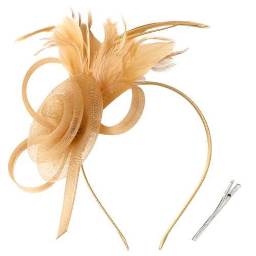 AMCAMI Fascinators Hats with Feather for Women 2025 Derby Hats Tea Party Hat with Headband and Clip Gold