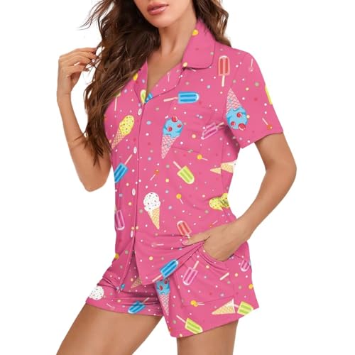 Image of Women's Short Sleeve Sleepwear Button 2 Piece Plus Size Pajamas Casual Soft Stretchy Funny Nightwear with Pockets
