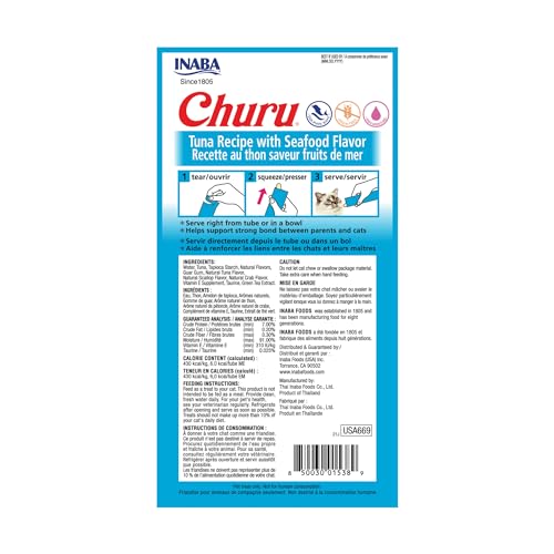 Image of INABA Churu Cat Treats, Grain-Free, Lickable, Squeezable Creamy Puree Cat Treat /Topper with Vitamin E & Taurine, 0.5 Ounces Each Tube, 24 Tubes (4 per Pack),Tuna Recipe with Seafood Flavors