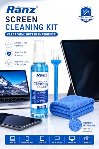 Image of Ranz Screen Cleaning Kit for Laptop, Mobile, TV & Monitor | 3-in-1 Kit with 100ml Spray, 400 GSM Dual-Sided Microfiber Cloth & Brush | Streak-Free, Alcohol-Free LCD LED Screen Cleaner