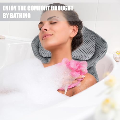 Badewannenkissen,Badekissen für Badewanne,Kissen Badewanne,Bathtub Pillow mit 4D-Air-Mesh-Technologie und 6 Saugnäpfen,Wannenkissen für Home Spa und Badewannen Stützt Kopf,Nacken,Schultern (grau)