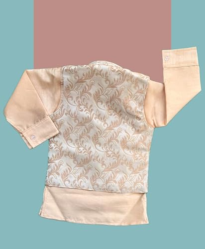 Image of Little Kids Ethnic Wear Kurta Pyjama and Waistcoat Set For Boys | Stylish Ethnic Wear | 3-piece set | Silk and Cotton Blend Fabric