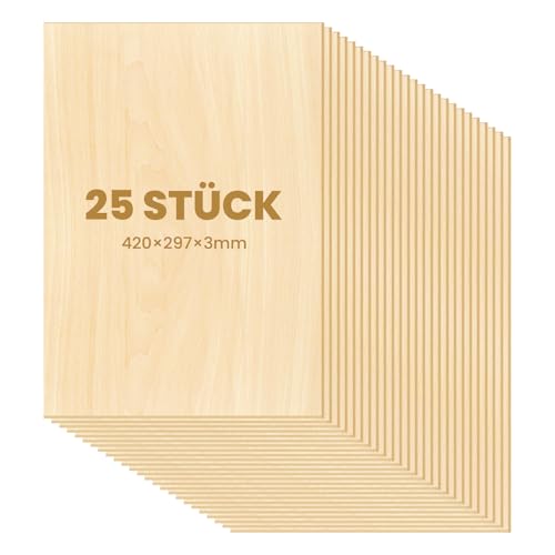 Dofiki 25 Stück A3 Birken Sperrholz 3mm Laserfähig Sperrholaplatte Holzbretter zum Laserschnitt Lasergravur Basteln Brandmalerei Modellbau Birkensperrholz (420x297x3mm)