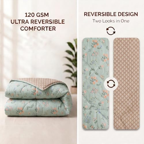 Image of Mafatlal 120 GSM Ultra Reversible Comforter, Ultra Soft Microfiber AC Blanket /Quilt for Single Bed, Lightweight All Season Bedding (90 x 60 Inches) | Light Green