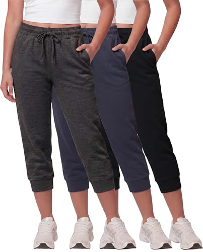 Image of Real Essentials 3 Pack: Women's Fleece Capri Joggers Athletic Lounge Gym Running Sweatpants with Pockets (Available in Plus)