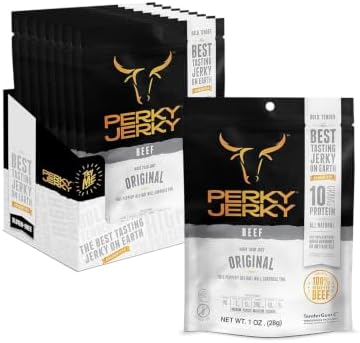 Perky Jerky Original 100% Grass Fed Beef Jerky, 1 oz (Pack of 12) - Antibiotic Free - 10g Protein Per Serving - Low Fat - Tender Texture and Bold Flavor