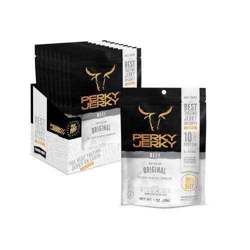 Perky Jerky Original 100% Grass Fed Beef Jerky, 1 oz (Pack of 12) - Antibiotic Free - 10g Protein Per Serving - Low Fat - Tender Texture and Bold Flavor