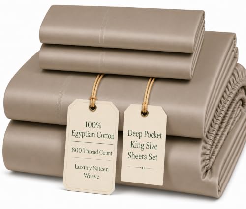 Image of King Sheet Set, 100% Cotton Bed Sheets Sateen Weave King Size Sheets -Taupe | 15 inch Deep Pocket, 800 Thread Count, 4 piece Luxury Bedding, Buttery Soft & Breathable, Machine Washable, OEKO TEX Certified