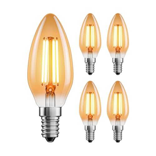 ledscom.de 5 Pieces E14 LED Bulb, Candle, Extra Warm White (2500 K), 4.1 W, 458lm, Gold-Coloured