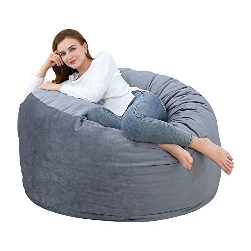 4 Foot Bean Bag Chair,Memory Foam Big Bean Bag For Adults, Big Sofa With Fluffy Removable Microfiber Cover Grey 4' #TOP27