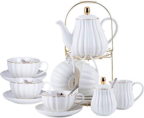 Jusalpha Fine China White Coffee Cup/Teacup Set, 8 OZ Cups& Saucer Service for 6, with Teapot-Sugar Bowl-Cream Pitcher Teaspoons and tea strainer for Tea/Coffee (White, Serve of 6)