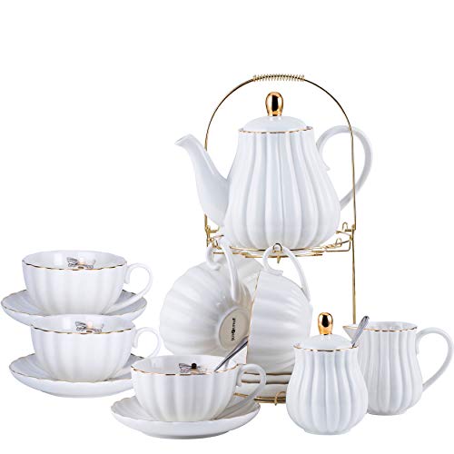 Image of Jusalpha Porcelain Tea Set- 8 OZ Coffee/Teacup, Saucer, Cup Holder, White | 24-Pieces, Serve of 6- included Teapot, Creamer set, Spoons and Cup holder Stnad