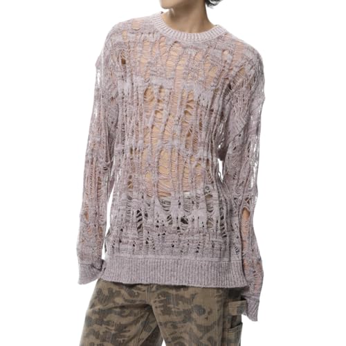 Men's Hollow Out Knitted Sweater Ripped Long Sleeve Drop Shoulder Undershirt Street Club Pullover Tops4