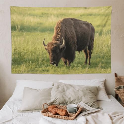 Tapisserie murale bohème Bison Eats Grass avec kit de suspension