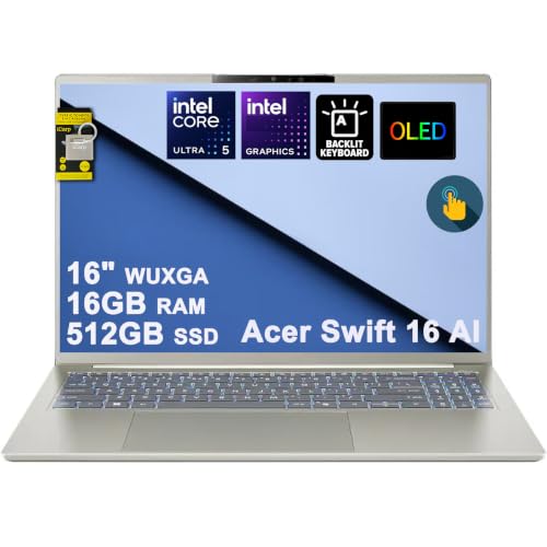 Image of Acer Swift 16 AI Laptop 16 inch WUXGA OLED Touch (100% DCI-P3) Intel 6-core Ultra 5 322 (Up to 46 Tops) 16GB DDR5 512GB SSD Backlit Thunderbolt for Creator Designer Business Professional Win11 ICP Hub