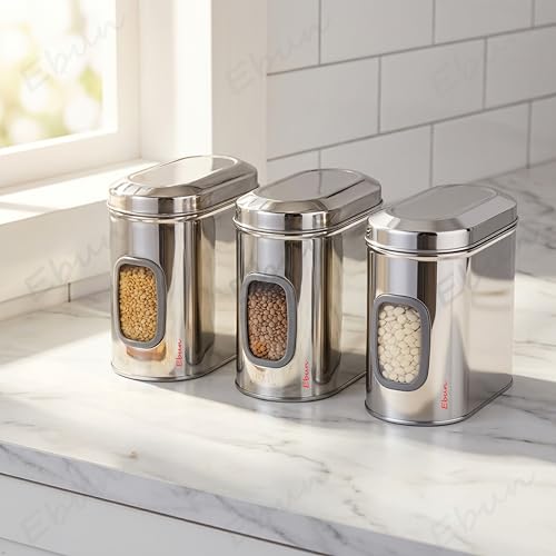 Image of Ebun Stainless Steel See Through Containers | Stainless Steel Container with Lid | Capsule Shape Steel Kitchen Containers Set | Steel Airtight Container | 1.5 Kgs Capacity Approx | Pack of 3