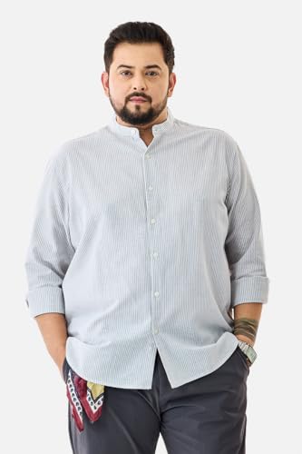 Image of SNITCH Men Casual Plus Size Shirt | Regular Fit Full Sleeve Mandarin Collar Striped Design | Premium Cotton Linen Blend & Breathable Fabric for Office & Everyday Wear