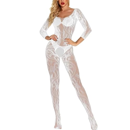 RUIBAVYA Women's Sexy Lace Fishnet Bodysuit Long Sleeve Mesh Jumpsuit Full Body Stockings Net Bodysuit, White, One Size