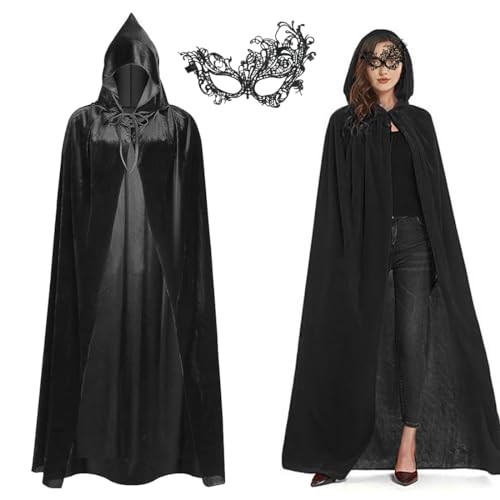 Aurasky Capa preta com capuz, capa vampiro com máscara, disfarce de Halloween mulher, capa bruxa veludo, túnica preta para homem mulher mascarada Halloween carnaval cosplay festa