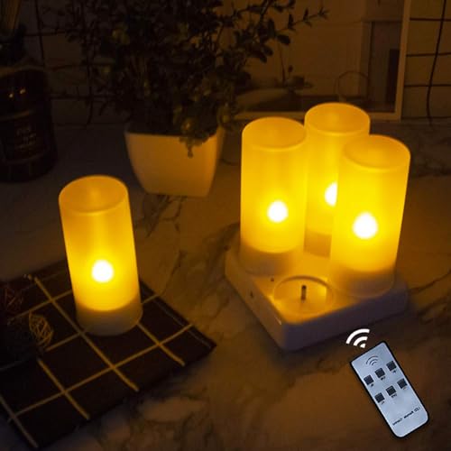 EuroFoneシミュレーションキャンドル4つの充電式LED点滅ティーライト+4つのつや消しカップ-充電ベース付き、リモートコントロール、バッテリーなし、誕生日結婚式クリスマスホームパーティー、写真撮影、照明、休日のお祝いの装飾ギフト