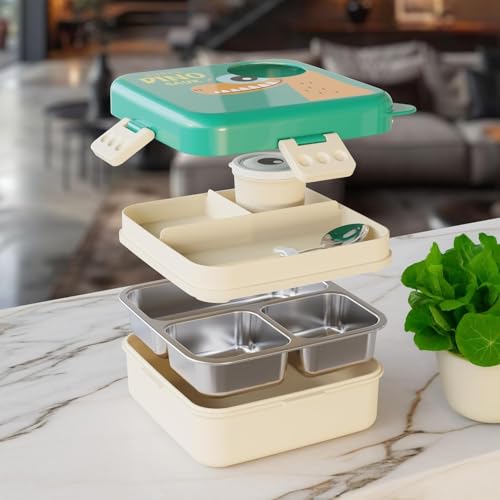 Image of TEKCOOL 3-Compartment Stainless Steel Lunch Box - Insulated, Leak-Proof & BPA-Free Bento Box with Tray, Spoon & Container for School, Office, Travel - 1120ml + 70ml, Green;