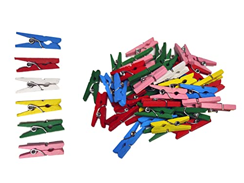 Wäscheklammern klein, Mini Holzklammern, Deko Klammern, Zierklammern, Holzklemmen/ Federclip für Geschenke, zum Foto aufhängen, Dekoration, Papier Fotos Clip Bunt- 50 Stück Cover