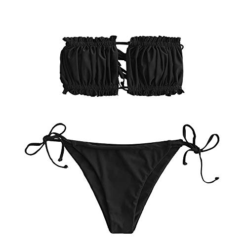 ZAFUL Womens 2 Pieces Bandeau Bikini Set Ruffle Lace up Padded Swimsuits Black