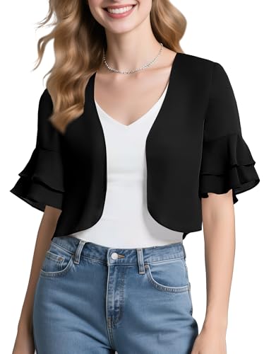 Image of Urban CoCo Women's Sheer Chiffon Bolero Shrug Ruffle Short Sleeve Open Front Cropped Cardigan for Dresses