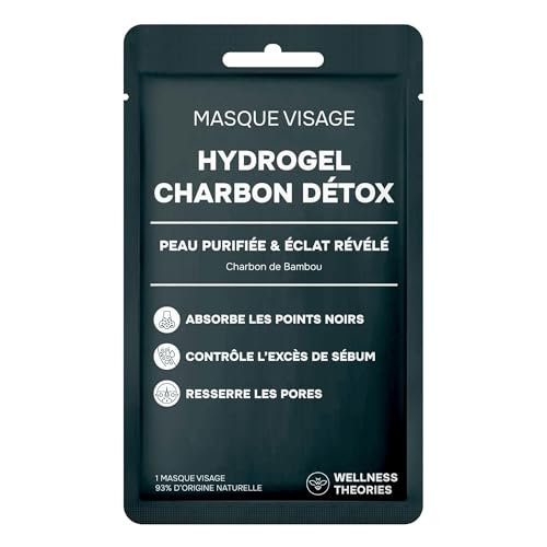 Wellness Theories - Masque Visage HydroGel CharbonDétox - Soin du Visage Purifiant, Anti Points Noirs et Sébum - Resserre les Pores, Ravive l'Éclat - Korean Cosmetic Research - 1 Masque
