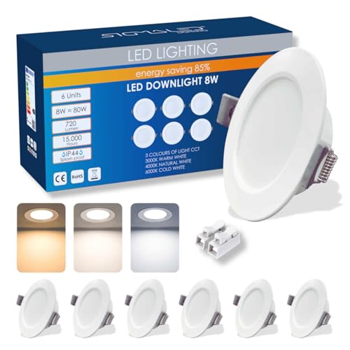 Sigmaled lighting, Foco LED Empotrable 8W 720lm, IP44 uso exterior e interior, Luz seleccionable Cálida 3000K Natural 4000K Fría 6000K, Agujero Ø95-110mm, 220V-230V AC, Foco LED ultraplano, Pack 6