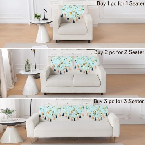Image of HOKIPO Premium Sofa Backrest Cover Mat | Printed Holland Velvet with Tassels | 'Whispers of Nature' Mint Birdsong Blossom (IN-1116-D3)