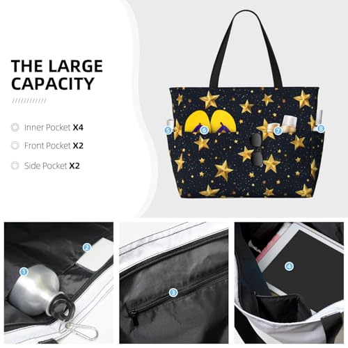 Large Beach Bags for Women Sandproof - Bright Golden Stars Print Summer Travel Work Tote Bags with Zipper3