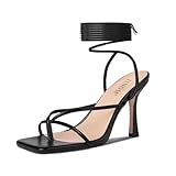 ISNOM Lace Up Heels Sandals for Women, Square Toe Open Toe Thong Strappy Heels Women's Stiletto Heeled Sandals -Black