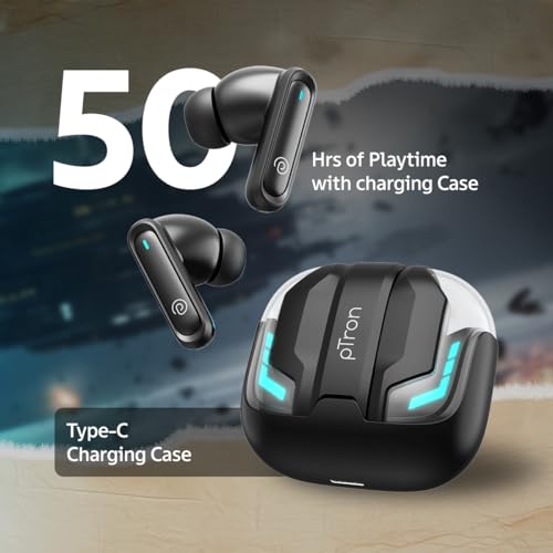 Image of pTron Bassbuds Turbo in-Ear TWS Earbuds w / 40ms Low-Latency, 50Hrs Playtime, Custom EQ, App Support, Dual Mic, TruTalk AI-ENC Calls, Immersive Sound, RGB Lights, Bluetooth V6.0, IPX5 (Raven Black)
