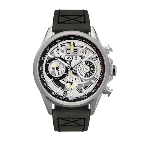 AVI-8 Herren 45mm Hawker Harrier Matador Chronograph Ivory Steel Japanische Quarz-Fliegeruhr mit echtem Lederarmband AV-4065-01