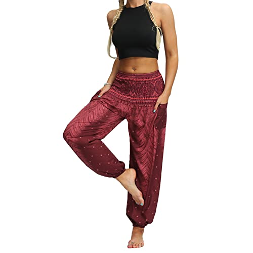 Générique Boho DéContracté Sarouel pour Femme Taille SmockéE Yoga Hippie Pantalon De Plage D'éTé Thai Bloomer VêTements Fluides avec Poches (Rouge,Average Code)