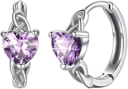 Silvora S925 Sterling Silver Birthstone Huggies Earrings, Celtic Knot Sleeper Earrings, Small Heart Cartilage Hoops