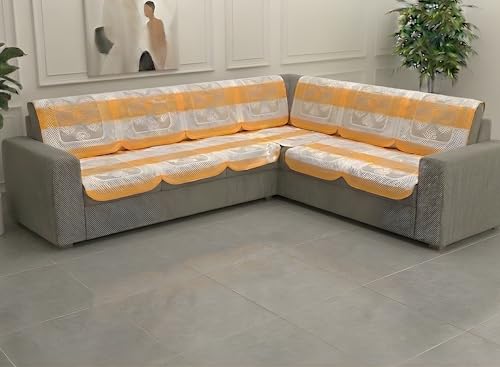 Image of Fab Nation Sofa Cover L Shape 7 Seater with Corner L Type Fully Covered Sofa Set for Living Room | Cotton Sofa Slipcovers for 4 + 3 Seaters Cover Set | Yellow