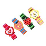 TOYANDONA 4pcs Kids Wood Watch Toys Stretchy Band Watch Party Bracelet Watch Toy Fake Watch Wristband for Children (Random Pattern)