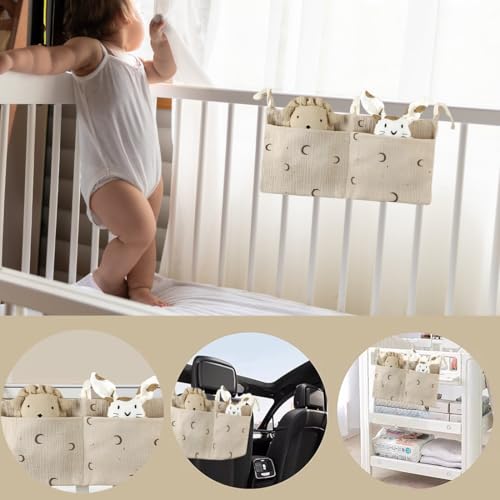 Miniatura 4 de Bivbwqu Bolso Colgante Para Cama De Bebé Organizador De Cuna Para Bebé Organizador Colgante Para Pañales Bolsa De Almacenamiento De Cama 2 Bolsillos Organizador Cuna Para Juguetes Pañales Ropa