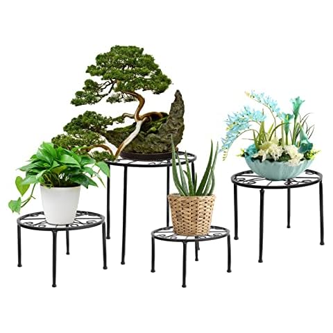 4 in 1 Set Metal Flower Stand Flower Stool Decorative Garden Patio (Black) Cover