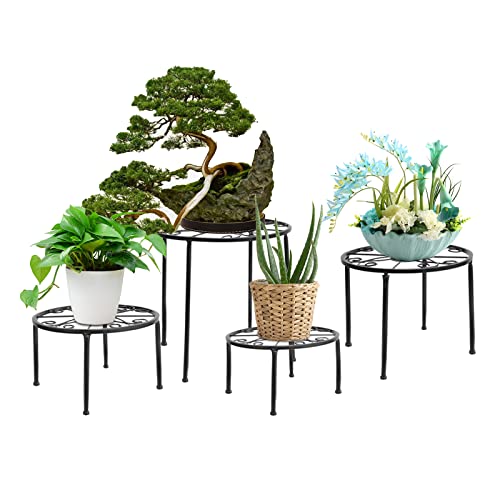 Dazone Support Plante en Fer Forgé Lot de 4, Étagère Plantes Intérieur ou Extérieur, Présentoir de Pot de Fleurs pour Balcon Jardin Maison Terrasse (Noir) Cover