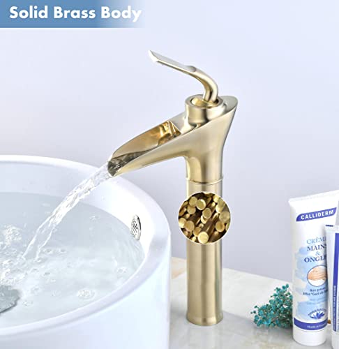 SHUNLI Brushed Gold Brass Waterfall Tall Sink Mixer Tap - Single Lever, Single Hole Bathroom Faucet - Image 3