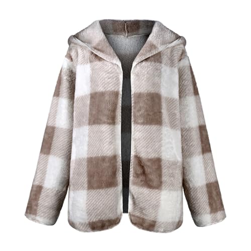 Women Fleece Jacket Plaid Sherpa Jacket Open Front Flannel Hooded Cardigan Long Sleeve Winter Coats with Pockets 7