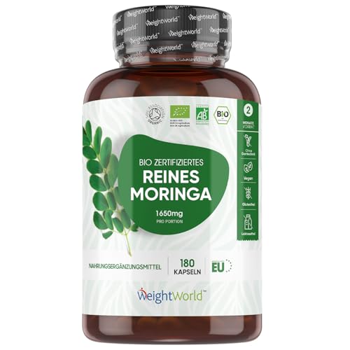 Bio Moringa - 1650mg Moringa Oleifera Pulver - 180 vegane Kapseln für 2 Monate - Zertifiziertes...