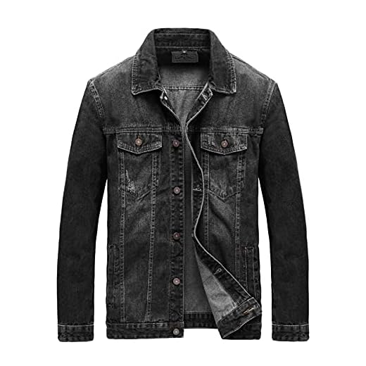 Heihuohua Jaqueta jeans masculina clássica rasgada estilo caminhoneiro, Preto 2, PP