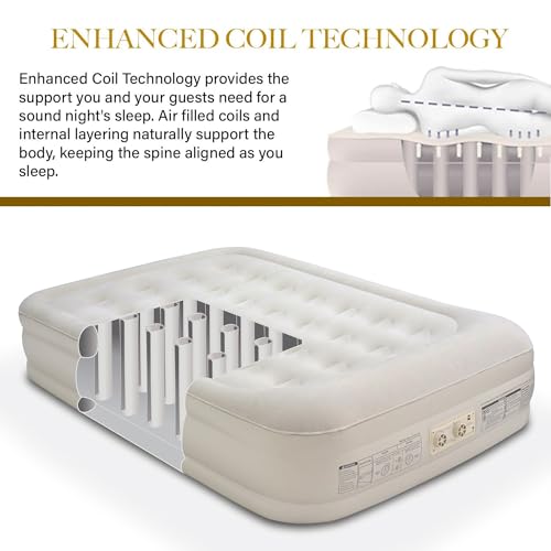 King Koil Luxury Air Mattress 16in Full Size Beige with Built-in Pump for Home, Camping & Guests-Inflatable Airbed Luxury Double High Adjustable Blow Up Mattress, Durable - Portable and Waterproof