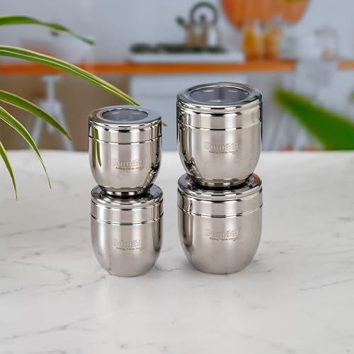Image of Sumeet Stainless Steel Conical Shape Canisters /Dabba /Storage Containers for Kitchen with See Through Lid, Set of 4 Pcs, (250ml-7cm Dia-2Pc & 400ml-8.5cm Dia-2Pc), Silver