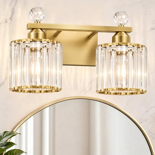 Image of Lxybcce Modern Crystal Bathroom Vanity Light, 14In 2-Lights Bathroom Light Fixtures, Gold Vanity Light Fixtures Over Mirror, Easy Installation & Shadow-Free Illumination for Bathroom Mirror Decor